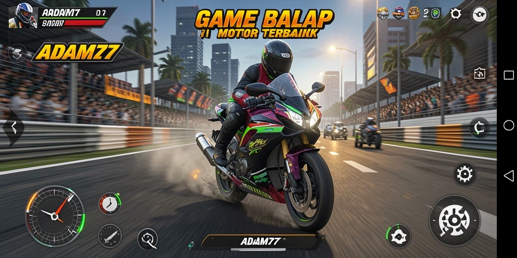 Screenshot utama ADAM77 menampilkan aksi balap motor yang mendebarkan.
