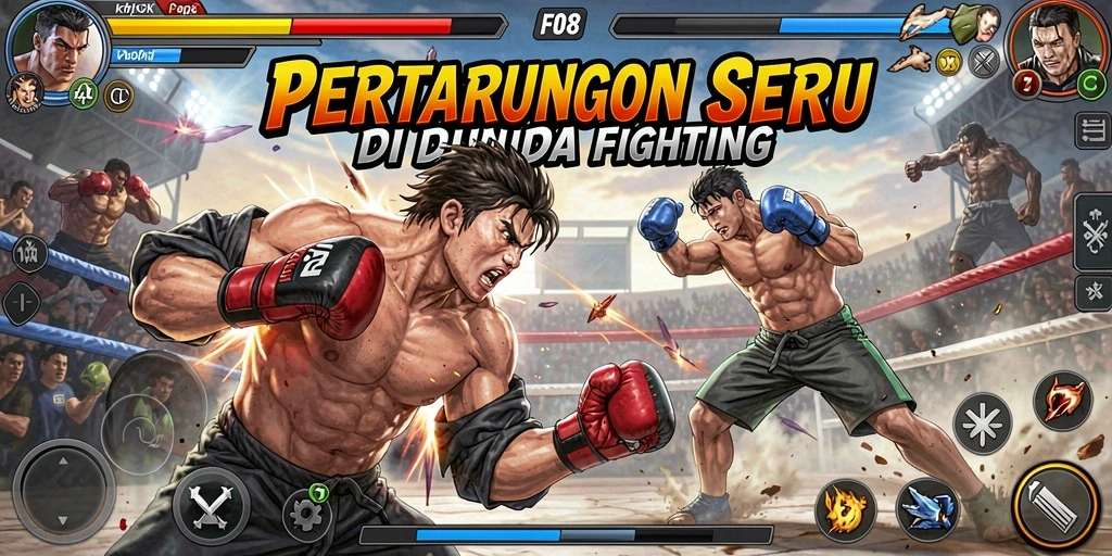 Screenshot F08 menampilkan aksi seru karakter bertarung.