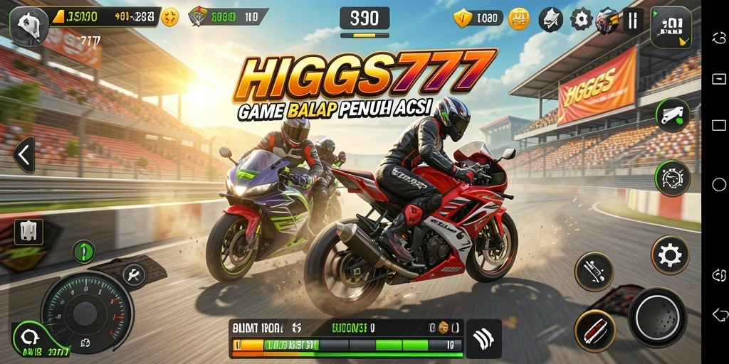 Screenshot HIGGS777 menampilkan balapan motor yang mendebarkan dan grafik yang memukau.