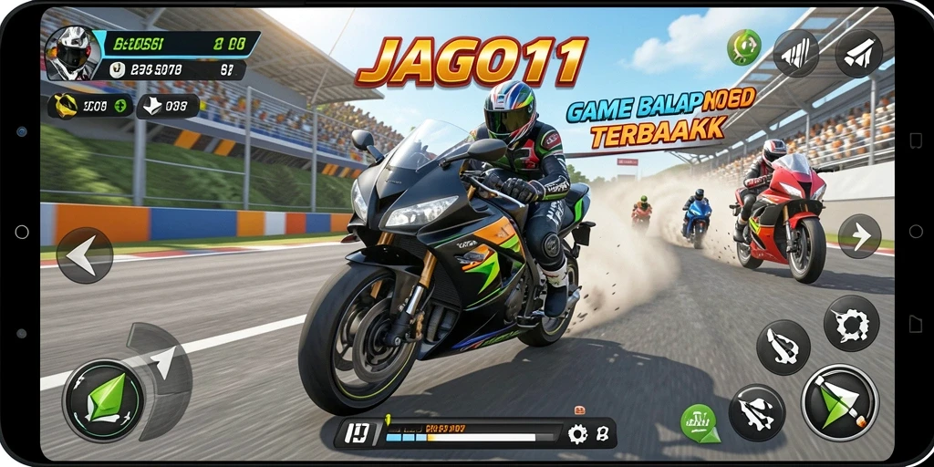Screenshot <strong>JAGO11</strong> yang menampilkan aksi balap motor yang mendebarkan.