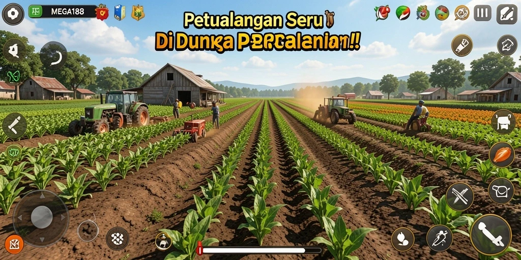 Screenshot gameplay MEGA188 yang menunjukkan ladang dan hewan ternak.