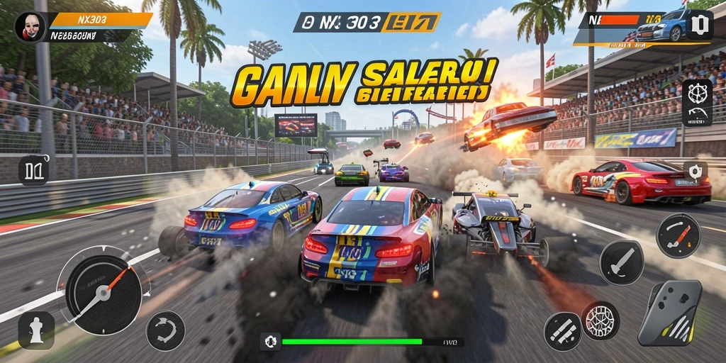 Screenshot menampilkan aksi balap seru di NX303 dengan mobil cepat.