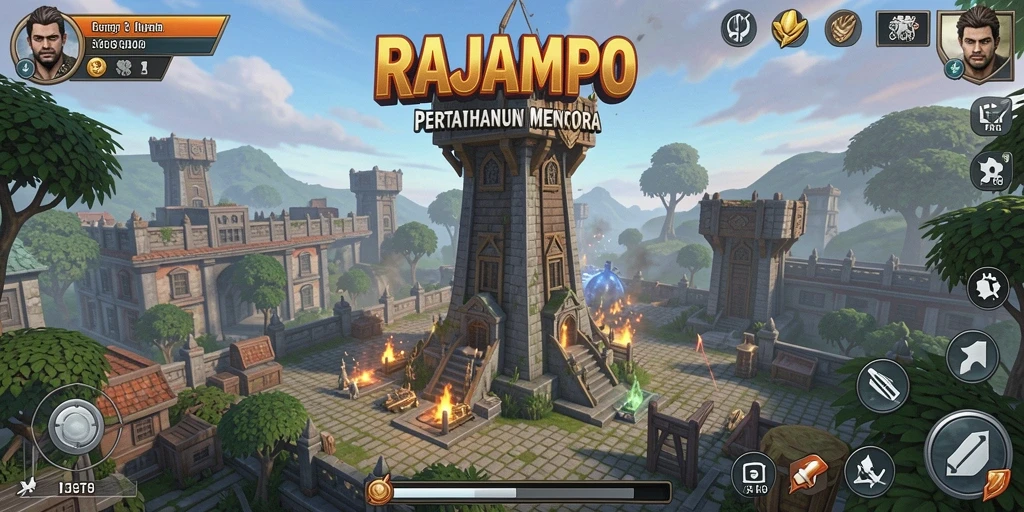 Gameplay menegangkan di <strong>RAJAMPO</strong> saat melawan musuh dengan menara pertahanan.
