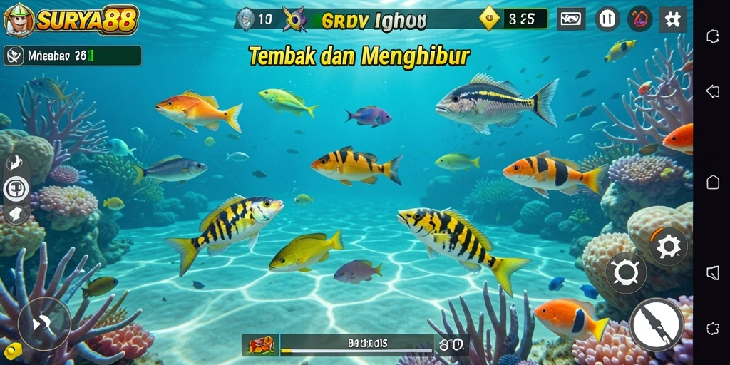 Screenshot gameplay SURYA88 dengan aksi menembak ikan yang seru.